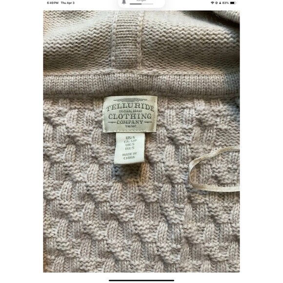 Telluride Cardigan Sweater Size S Wool Blend Hooded Chunky Cable Knit Beige - Picture 4 of 7